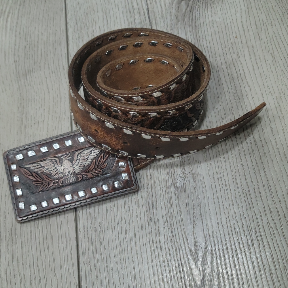 Fossil Distressed Brown Leather Belt with Eagle Buckle